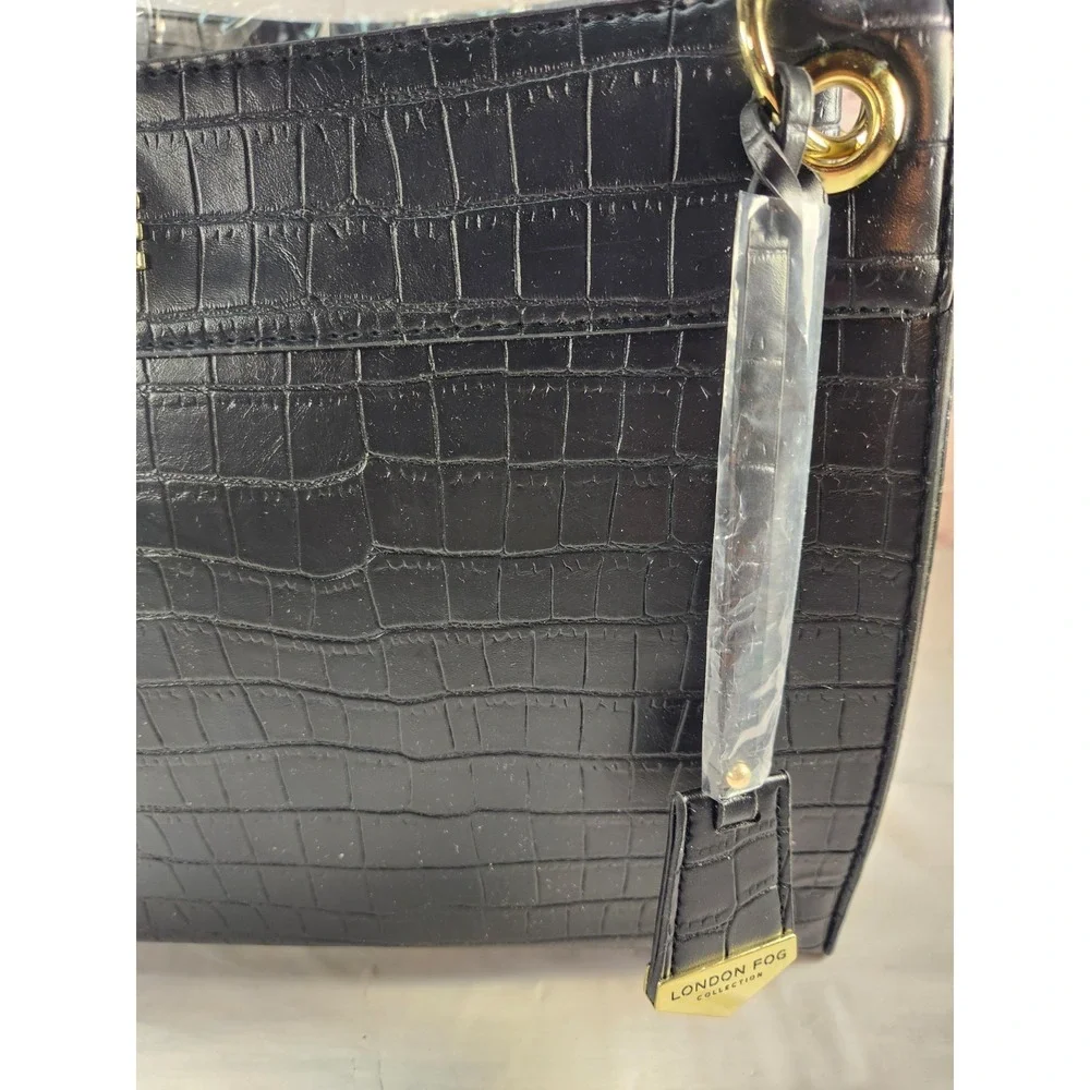 NWT $128 London Fog Brielle Faux Leather Satchel Bag Black Brielle Croco Purse